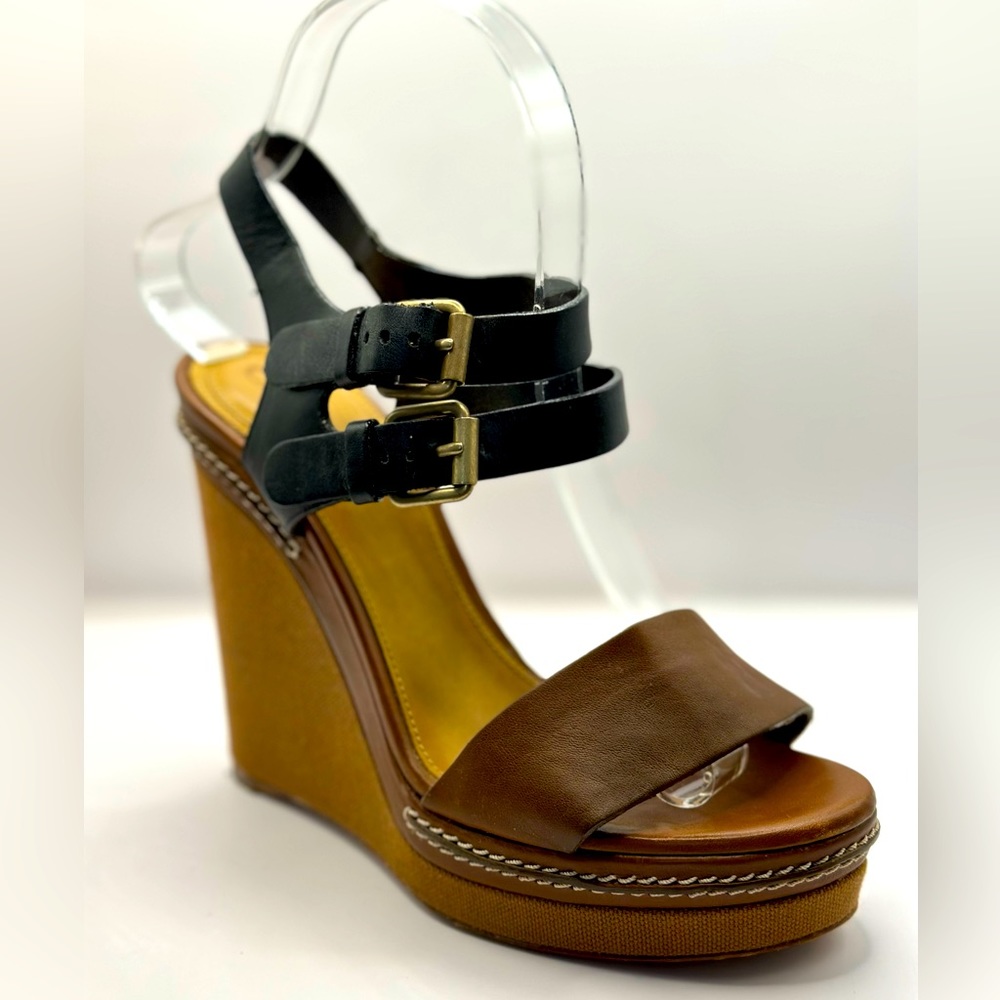 CHLOE Brown and Black Two Tone Leather Platform Wedge